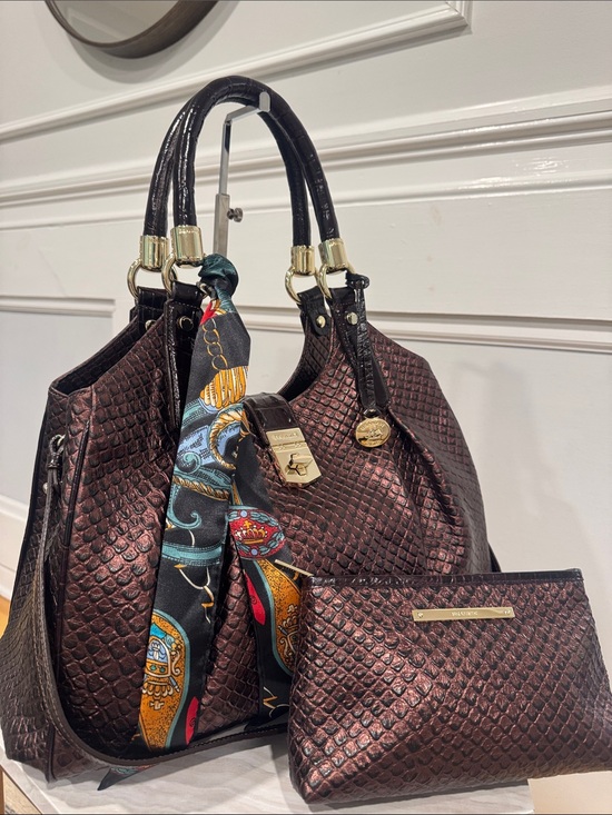 Brahmin Handbags - Brahmin Bag Elisa Brown Purple Python Embossed Satchel with Matching Pouch
